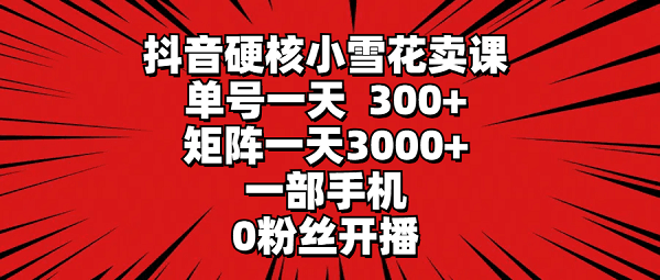 抖音硬核小雪花卖课，单号一天300+，一部手机0粉丝开播 矩阵一天3000+-淘秘副业