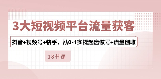 3大短视频平台流量获客，抖音+视频号+快手，从0-1实操起盘做号+流量创收-淘秘副业