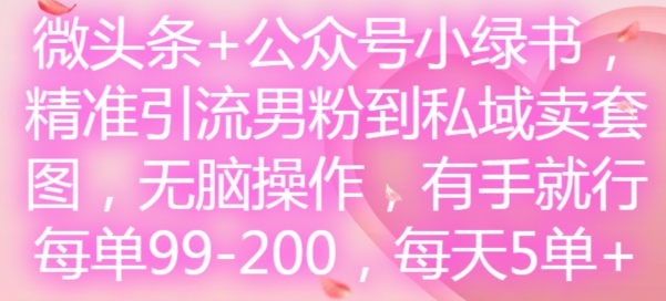 微头条+公众号小绿书，精准引流男粉到私域卖套图，无脑操作，有手就行，每单99-200，每天5单-淘秘副业