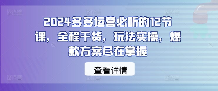 2024多多运营必听的12节课，全程干货，玩法实操，爆款方案尽在掌握-淘秘副业
