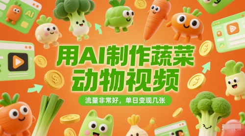 用AI制作蔬菜动物视频，流量非常好，单日变现几张-淘秘副业