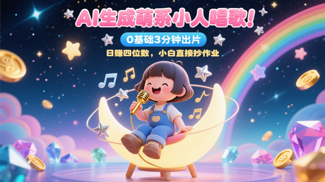 AI生成萌系小人唱歌！0基础3分钟出片，28个作品涨粉9万，日赚四位数，小白直接抄作业-淘秘副业