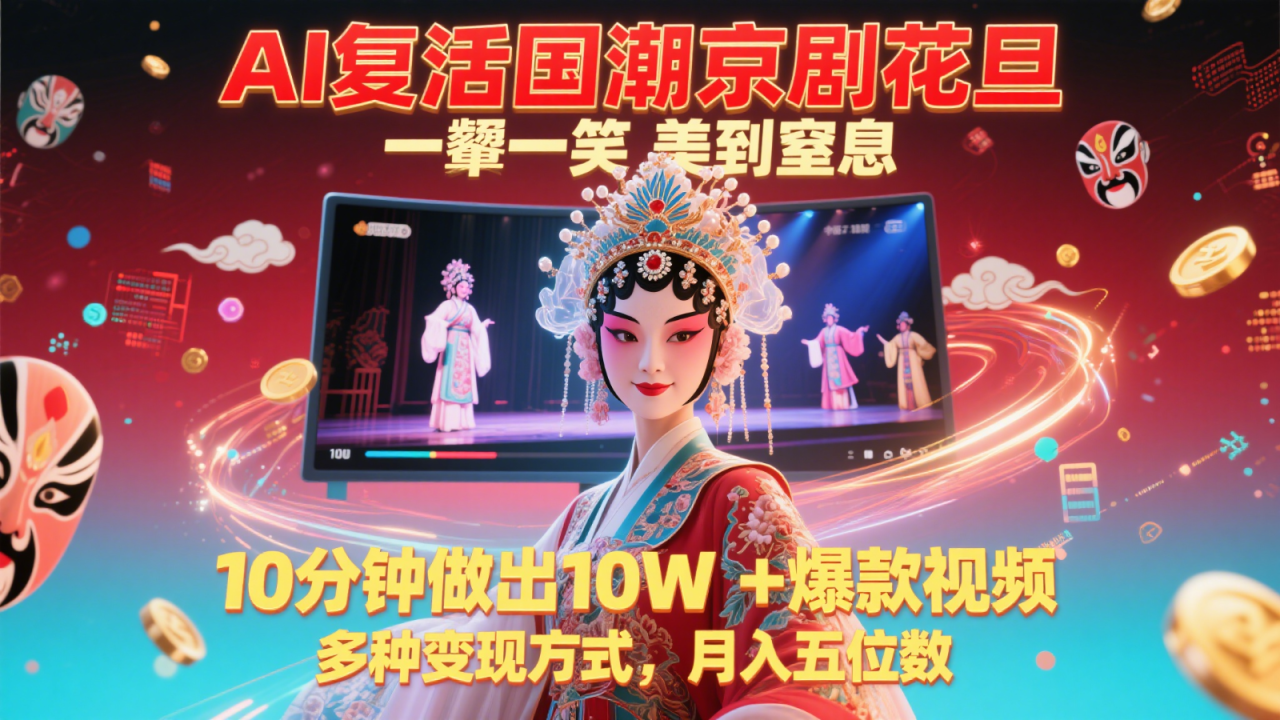 AI复活国潮京剧花旦，一颦一笑美到窒息，10分钟做出10W+爆款视频，多种变现方式，…-淘秘副业