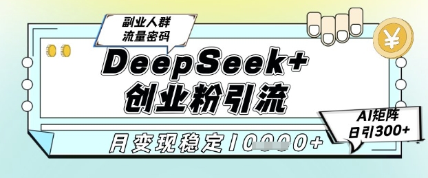 DeepSeek+创业粉精准引流，全新分享课4.0玩法，AI矩阵日引300+，多种变现方式，稳定月入1W-淘秘副业