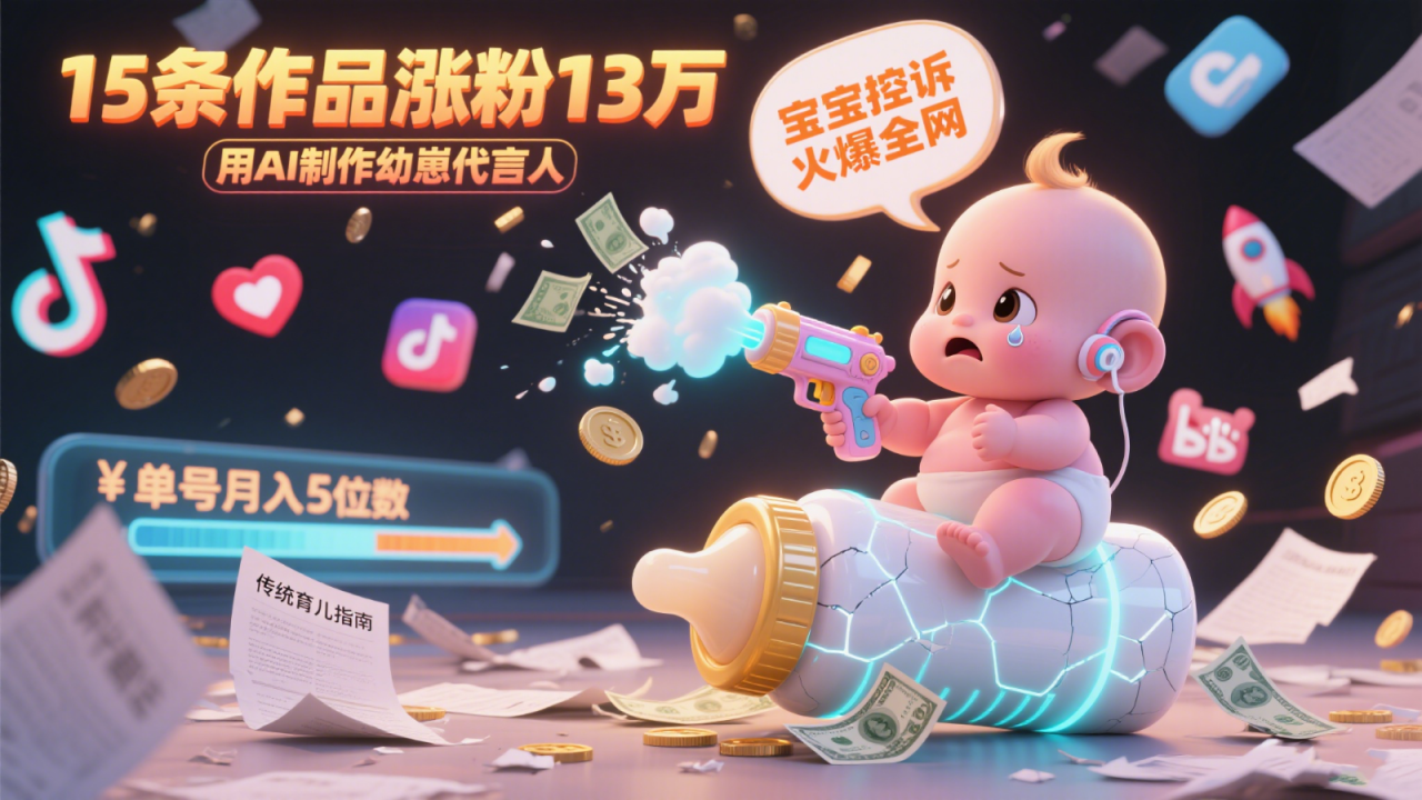 用AI制作幼崽代言人，宝宝的控诉火爆全网，15条作品涨粉13万，单号月入5位数实操教程-淘秘副业