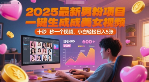 2025最新男粉项目，一键生成美女视频，日引600+色粉 十秒一个视频，小白轻松日入5张【揭秘】-淘秘副业
