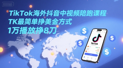 TikTok海外抖音中视频陪跑课程，TK最简单挣美金方式，1万播放挣8刀-淘秘副业