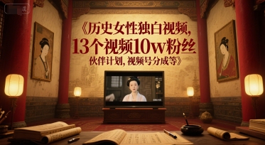 历史女性独白视频，13个视频10w粉丝，伙伴计划，视频号分成等-淘秘副业