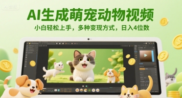 AI生成萌宠动物视频，小白轻松上手，多种变现方式，日入4位数-淘秘副业