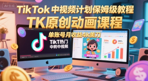 TikTok中视频计划保姆级教程，TK原创动画课程，单账号月收益4k美刀-淘秘副业