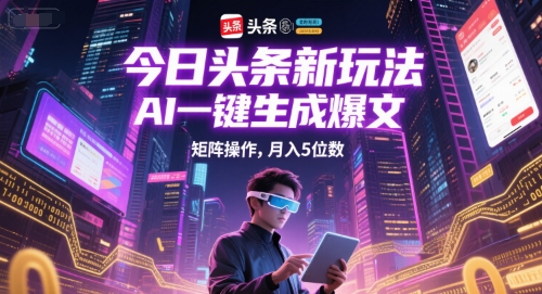 今日头条新玩法，AI一键生成爆文，矩阵操作，月入5位数-淘秘副业