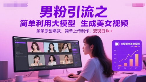 男粉引流之简单利用大模型生成美女视频，条条原创爆款，简单上传制作，变现日1k+-淘秘副业
