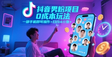 抖音男粉项目0成本玩法，一部手机即可操作，日均4张+，时间自由-淘秘副业