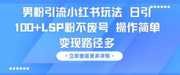 男粉引流小红书玩法，日引100+LSP粉不废号，操作简单，变现路径多-淘秘副业