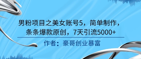男粉项目之美女账号5，简单制作，条条爆款原创，7天引流5000+-淘秘副业