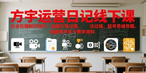 方宇运营日记线下课，包含剪辑制作技巧、拍摄引导过程、起号思维导图、选题等多个教学资料-淘秘副业