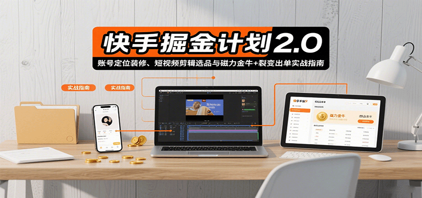 快手掘金计划2.0，账号定位装修、短视频剪辑选品与磁力金牛+裂变出单实战指南-淘秘副业