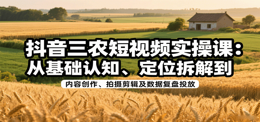 抖音三农短视频实操课：从基础认知、定位拆解到内容创作、拍摄剪辑及数据复盘投放-淘秘副业