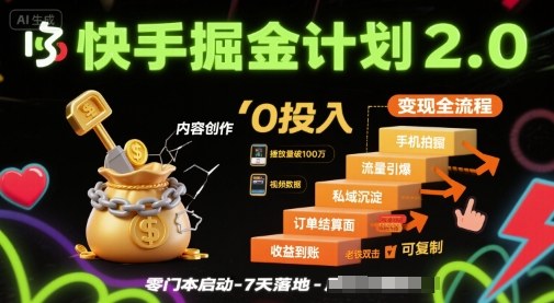 快手掘金计划2.0，快手电商变现全流程，简单可复制，0投入-淘秘副业
