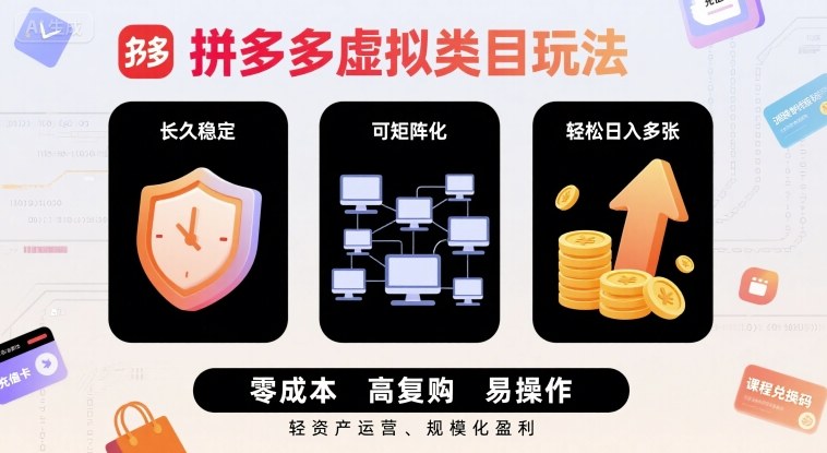 拼多多虚拟类目玩法，长久稳定，可矩阵化，轻松日入多张-淘秘副业