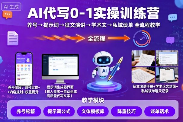 AI代写0-1实操训练营，从养号、提示词、征文演讲、学术文，到私域谈单的全流程教学-淘秘副业