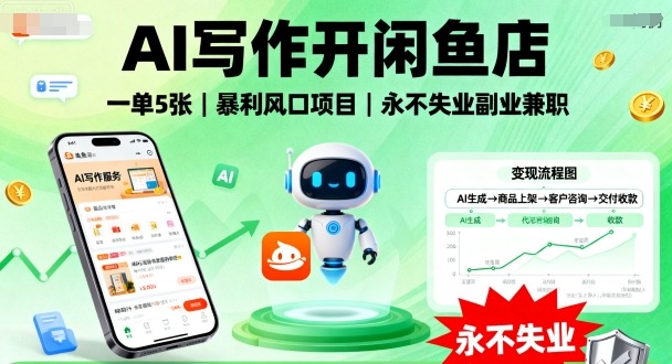 AI写作开闲鱼店，一单5张，暴利风口项目，永不失业副业兼职【全网首发】-淘秘副业
