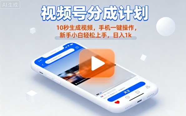 视频号分成计划懒人玩法，10秒生成视频，手机一键操作，新手小白轻松上手，日入1K【揭秘】-淘秘副业