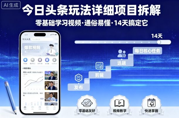 今日头条玩法详细项目拆解，零基础学习视频 通俗易懂 14天搞定它-淘秘副业