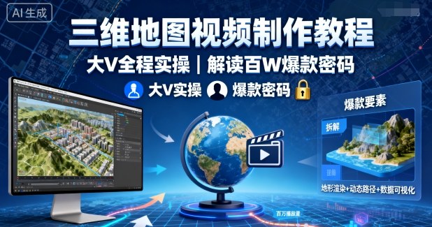 三维地图视频制作教程，大V全程实操，解读百W爆款密码-淘秘副业