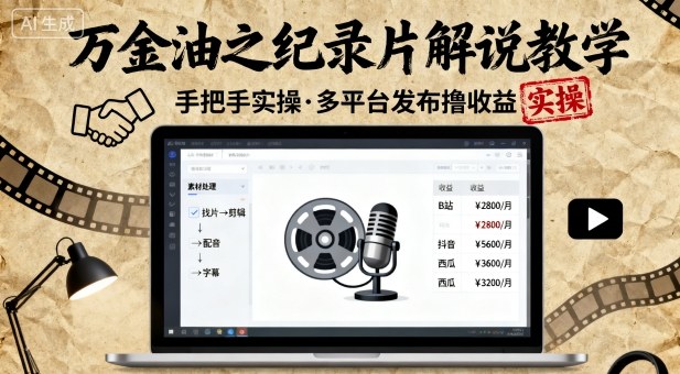 万金油之纪录片解说教学，手把手教你，完全实操，多平台发布撸收益-淘秘副业