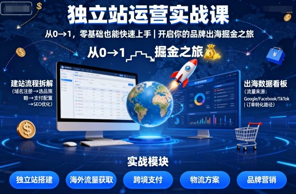 独立站运营实战课，从0到1，零基础也能快速上手，开启你的品牌出海掘金之旅-淘秘副业