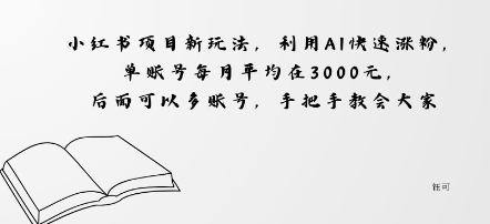 小红书项目新玩法，利用AI快速涨粉，单账号每月平均在3k，后面可以多账号，手把手教会-淘秘副业