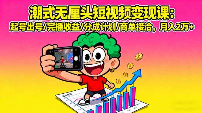 潮式无厘头短视频变现课：起号出号/完播收益/分成计划/商单接洽，月入2万+-淘秘副业