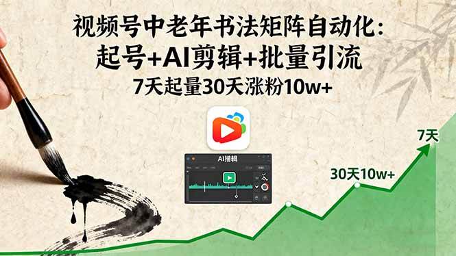 视频号中老年书法矩阵自动化：起号+AI剪辑+批量引流 7天起量30天涨粉10w+-淘秘副业