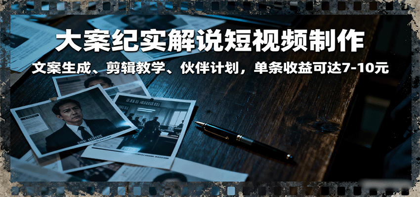 大案纪实解说短视频制作，文案生成、剪辑教学、伙伴计划，单条收益可达7-10元-淘秘副业