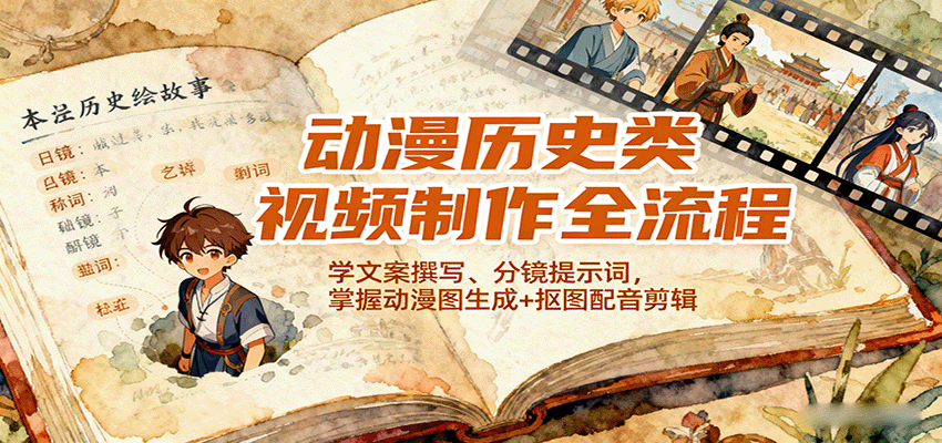 动漫历史类视频制作全流程，学文案撰写、分镜提示词，掌握动漫图生成+抠图配音剪辑-淘秘副业
