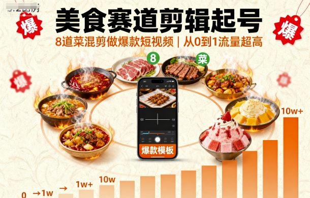 美食赛道剪辑起号，8道菜混剪做爆款短视频，从0到1，流量超高-淘秘副业