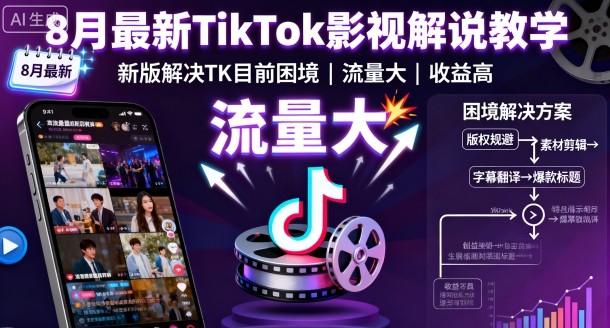 8月最新TikTok影视解说教学，新版解决TK目前困境，流量大，收益高-淘秘副业