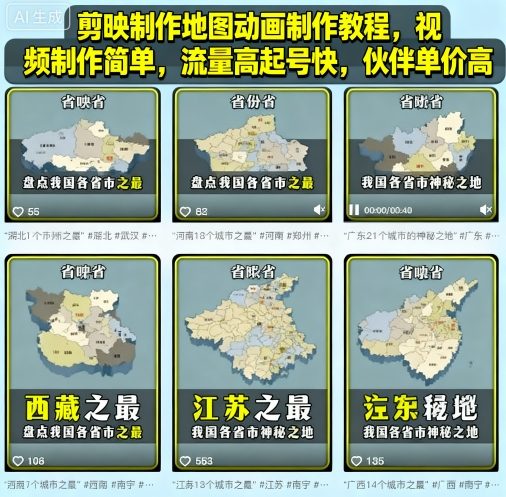 剪映制作地图动画制作教程，视频制作简单，流量高起号快，伙伴单价高-淘秘副业