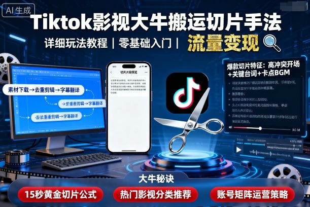 Tiktok影视大牛搬运切片手法，详细玩法教程-淘秘副业