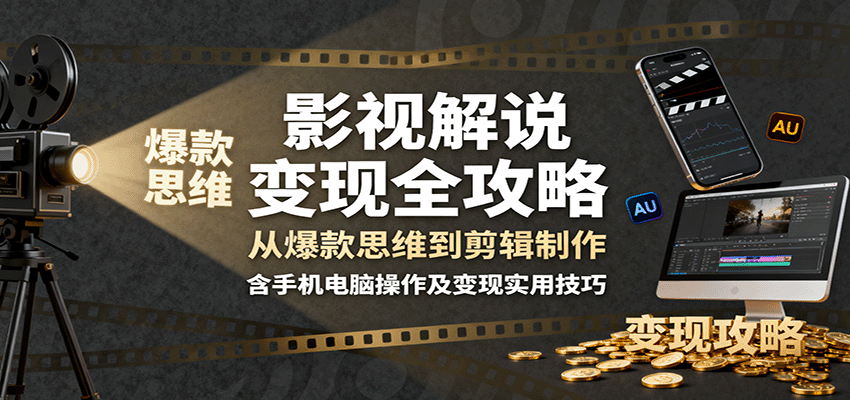 影视解说变现全攻略：从爆款思维到剪辑制作，含手机电脑操作及变现实用技巧-淘秘副业