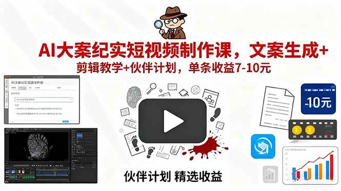 (15992期)AI大案纪实短视频制作课,文案生成+剪辑教学+伙伴计划,单条收益7-10元