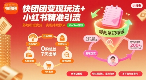 快团团变现玩法+小红书精准引流技巧，助你真正落地私域卖货，实现持续挣米-淘秘副业