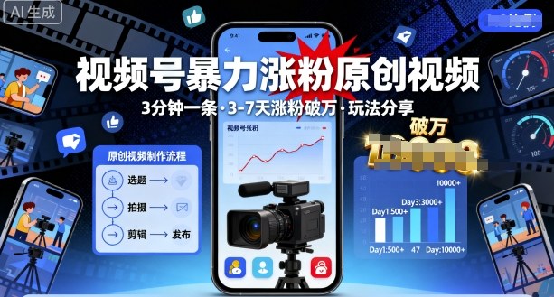 视频号暴力涨粉原创视频，3分钟一条原创视频，3-7天涨粉破万，玩法分享给你-淘秘副业