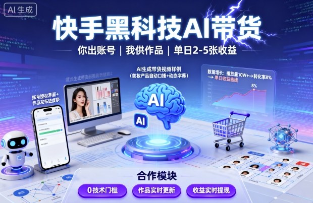 快手黑科技AI带货，你提供账号，我提供作品并发布，单日2-5张【揭秘】-淘秘副业