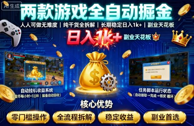 两款游戏全自动掘金，人人可做无难度，纯干货全拆解，长期稳定，日入1k+，副业天花板【揭秘】-淘秘副业