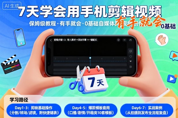 7天学会用手机剪辑视，保姆级教程，有手就会，0基础自媒体短视频创作教程-淘秘副业