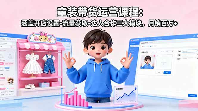 （16081期）童装带货运营课程：涵盖开店设置-流量获取-达人合作三大模块，月销百万+-淘秘副业