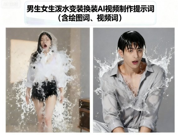 男生女生泼水变装换装AI视频制作提示词(含绘图词、视频词)-淘秘副业