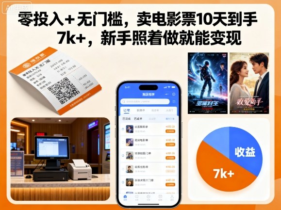 零投入+无门槛，卖电影票10天到手7k+，新手照着做就能变现【揭秘】-淘秘副业